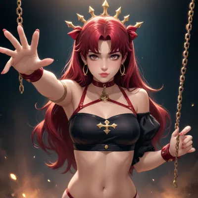 ishtar from fate/grand order dross style reiq meets, woman, A girl, wearing, Deep red velvet crop top with off-the-shoulder straps.Matching velvet high-waisted panties with cut-out details.Long satin gloves reaching above the elbow.Accessories, Leather bondage harness layered over the crop top, ankle cuffs connected with delicate chains, and a jeweled mask covering the eyes.