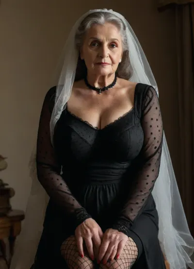 (chiaroscuro dramatic darkness), (romantic background), (insanely romantic), (Measured strict confident Widow), fashion magazine, (extremely elder extremely elderly 100 year old classy hungarian grandmother), (large breasts), (eldest), posing, long deep-brown hair, (chubby, curvy), (heavy massive wrinkled skin), (knee-length hyper-minimalist all-sheer light-black mourning dress with long sleeves and sheer high-neckline and very matching veil), all-mesh dress, mouring style, all-around deep-black polka-dotted dress, full-sheer transcluent dress, covering her knees and spreading around, (insanely detailed matching tight-high lace-top fishnet stockings), matching high heels, (face close-up), (ultra kind, extremely lovely, hyper-amorous face), (girlfriend-feeling)