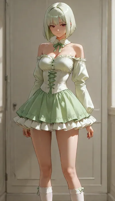 girl, adult, standing, short light green shaggy bob hair, white underbust corset, white ruffled skirt, medium breasts, light green long sleeves, open shoulders, skinny legs, transparent white stockings, socks in frame, legs in frame close