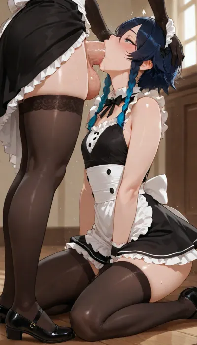 4k resolution, high definition, highly detailed, best possible quality, tiny, petite, flat-chested, femboy, gay, Venti from Genshin Impact, ((futa deepthroat), kneeling, tilted his head back, (raised seductive maid dress, Thigh High Black Stockings), raised maid dress, mega orgasm, tall futa fucking his mouth, (big cock))