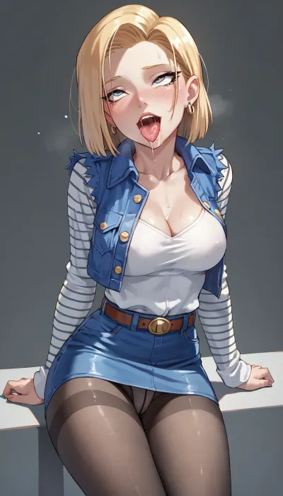 android 18, mini skirt, panntyhose, black, pantyhose, white, tongue, out, ahegao, drool, <lora:pantyhose_xl_v1:1.1>, <lora:ahegao_sdxl_v4:1.1>