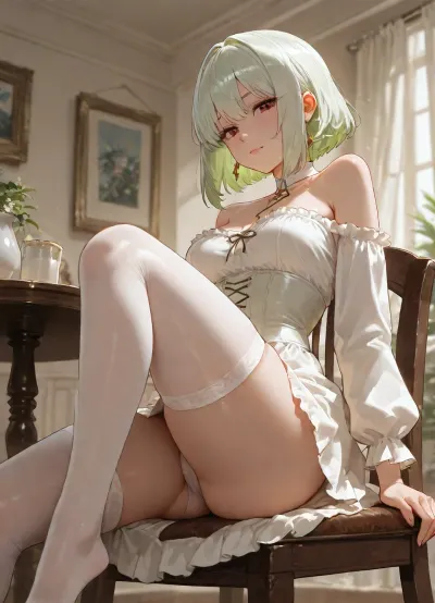 girl, adult, short light green shaggy bob hair, white underbust corset, white ruffled skirt, small-medium breasts, light green long sleeves, open shoulders, skinny legs, transparent white hold-ups stockings, sitting at table, sitting on chair, perfect small ass, high-waisted white panties, panties with high-leg cut, panties with cheeky coverage, view from behind