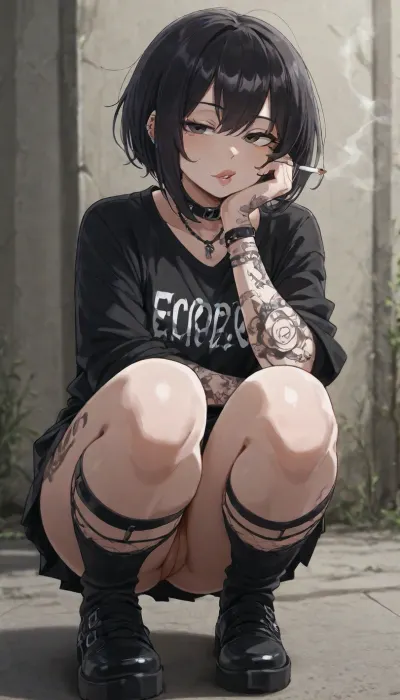 ((eitopondo art style:1.6)), sexy emo woman, lots of tattoos, lots of piercings, dark hair, asymmetric bob cut, pale skin, scene outfit, short skirt, bare pussy, emo hair, large lips, full body view, squatting, smoking a cigarette, puffing smoke, <lora:outline_xl_kohaku_delta_spv5x:1.1>, <lora:EnvyBeautyXL02:.4>