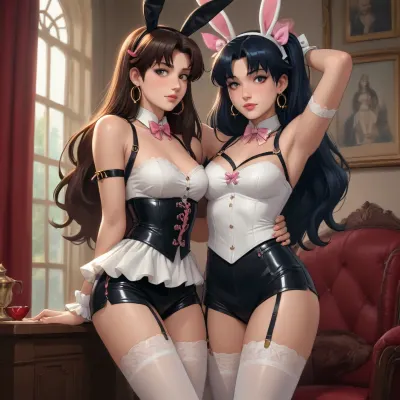 ishtar from fate/grand order dross style reiq meets, woman, A girl, wearing, White satin corset with lace trim and a sweetheart neckline.High-waisted black shorts with suspenders.White thigh-high stockings with bows.Accessories, Black leather bunny ears headband, bondage harness around the torso, and wrist cuffs with dangling bows.