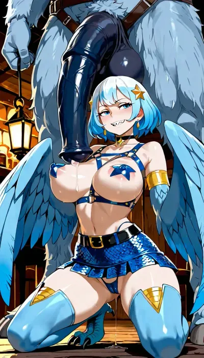 full view, ((harpy bimbo)), kneeling, (erotic pose), seductive gaze.

beautiful harpy woman, (blue feathers, wings for arms, bird feet), sharp teeth, short blue hair, blue eyes, (perky breasts:1.5), huge erect nipples, cameltoe, cute body, thin waist wide hips.

hair accessories, chainmail skirt, belt, skirt, light blue leather harness, (body harness), (pasties), x nipple pasties, thigh high boots, skimpy outfit, gold trim, choker, (stars), thong.

giant yeti with monster cock standing over woman, cock over her chest, she is holding his monster cock, (hairy yeti:1.2), (cock on her tits), huge balls, giant cock, (blue equine-shaped cock:1.5), (precum dripping), horny yeti with his cock out, boobjob, strocking.

tavern, lantern light, (feathers), public, patrons.