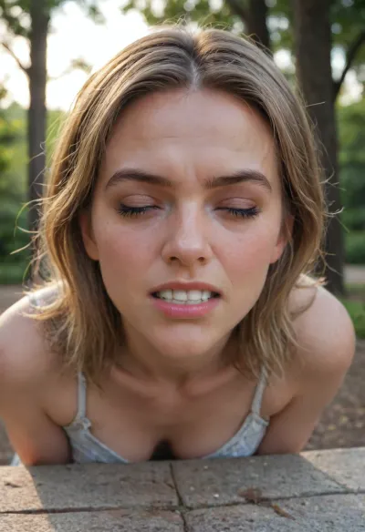 RAW photo of, blond, theatre, tree, spire, high quality, beautiful, golden hour, sculpture, 8k uhd, dslr, soft lighting, film grain, Fujifilm XT3, extremely detailed, saint petersburg, (head turned away from viewer:1.2), mouth open pouting lips, eyebrows raised in the middle, full face blush, round ass, squatting, (clenching teeth, eyes closed, eyes closed hard:1.6), crying, tears down her face, (pain expression face:1.6), <lora:piter-step00022500:1>