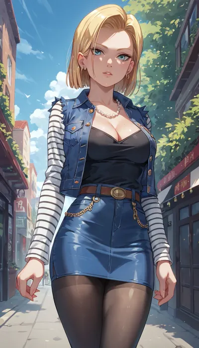 android 18, mini skirt, panntyhose, black, pantyhose, white, <lora:pantyhose_xl_v1:1.1>