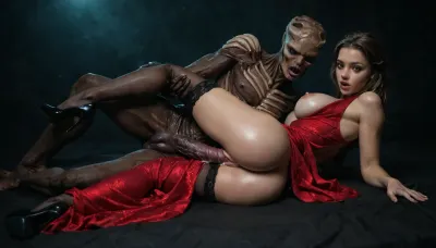Perfect skin, incredibly beautiful face, ultra-high detail, looking at the viewer, light makeup, round, perfect breasts, toned, firm ass, visible vagina, high-detail vagina, round clitoris, visible detailed ass hole, no bra, red dress, high heels, stockings, exposed round tits, very long legs, thick curvy hourglass naked body, giant perky breasts with large areolas, breast expansion, hyper wide hips, massive giant perky tits, giant fat ass, surprised face, spooning vaginal sex, (alien monster fucking girl's pussy:1.3), ultra realistic, precum, masterpiece, best quality, big tits, <lora:dark:.7>
