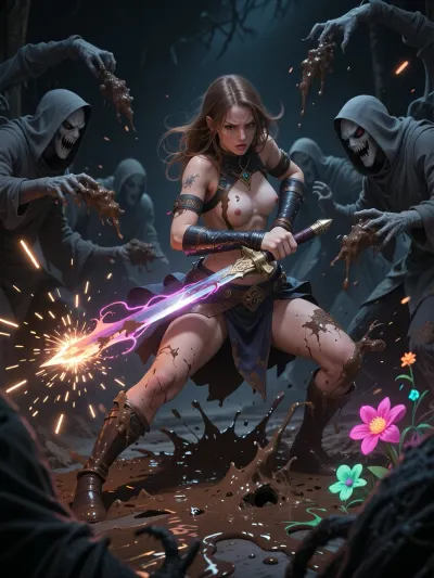 Dark fantasy illustration. A creative woman confidently fights off faceless gray shadow figures using a glowing paintbrush as a sword. The shadows are throwing ugly dirt and sludge at her. She looks confused yet powerful. Vibrant sparks of light and neon paint explosions deflect the darkness, turning mud into glowing flowers. Moody lighting, dark atmosphere, highly detailed, dramatic contrast.