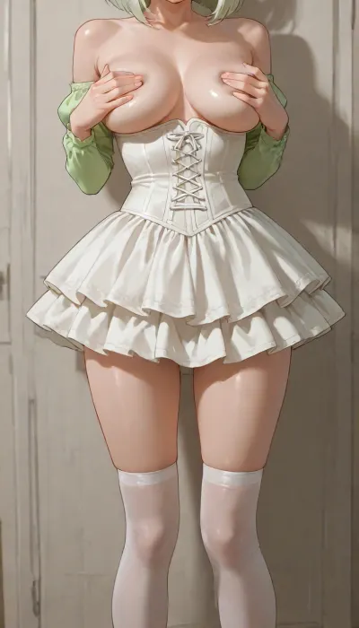 girl, adult, standing, short light green shaggy bob hair, white underbust corset, white ruffled skirt, medium breasts, nude breasts almost visible, light green long sleeves, open shoulders, skinny legs, transparent white stockings, cropping her own breasts, socks in frame, legs in frame close