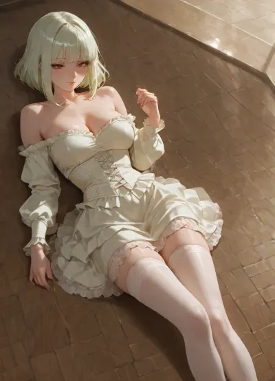 girl, adult, lying on floor, short light green shaggy bob hair, white underbust corset, white ruffled skirt, medium breasts, breasts almost nude, light green long sleeves, open shoulders, skinny legs, transparent white stockings