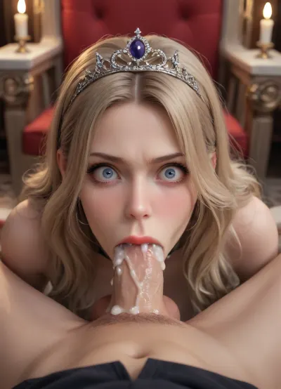 I’m laying on throne in my throne room of night vampire castle, candlelight's, looking down at My blonde noble sister on top of me giving me a blowjob, she is wearing an queen tiara, I pleasure her with my cock in her mouth, drool from nose, strabismus, tears crying, mascara running, choker, (((a lot of cum spewing from her mouth, (shocked angry expression:1.6))), she wants my cum, (((deepthroat:1.99))), male POV.)