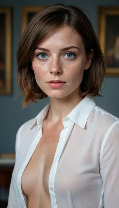 we have one girl, average height, french, bob cut brown hair, 37 years old, thin, slim, solo, blue eyes, perfect eyes, realistic, freckles, round face
dressed only in a completely unbuttoned and untied white shirt. her hands are pulling her panties down, to show her nude vagina. Her face is embarassed, and she is looking down.
she is in a large empty museum room, with renaissance paintings at the wall. We can see her full figure.