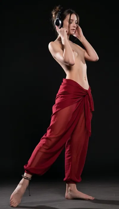 An avant-garde studio portrait captured from a low angle. The subject is a 20-year-old woman with a messy updo and petite physique but wide hips, her expression one of quiet modesty and confidence. She stands in profile against a void of neutral obsidian or black. The composition highlights the contrast between her elegantly placed legs and pointed toes and classic ballet dancing gestures, bare footed —and the raw, natural vulnerability of her physique. She is topless and clad in a wide red translucent linen pants that reveals her flat natural wrinkled and sagging chest. Pale, luminous skin. Modern black-silver headphones.The lighting is directional and moody, casting soft shadows that define the curves of her body and the sheer texture of the fabric. Photorealistic, hyper-detailed, cinematic lighting, anatomical precision.photographic poetry.full body. Legs elegantly placed.her hands holding the headphones.anklets and ring on her toe.
