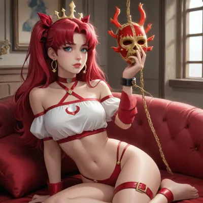 ishtar from fate/grand order dross style reiq meets, woman, A girl, wearing, Deep red velvet crop top with off-the-shoulder straps.Matching velvet high-waisted panties with cut-out details.Long satin gloves reaching above the elbow.Accessories, Leather bondage harness layered over the crop top, ankle cuffs connected with delicate chains, and a jeweled mask covering the eyes.