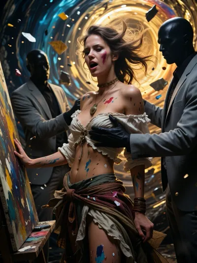 A cinematic, highly detailed, masterful portrait of a brilliant artist in a state of ecstatic euphoria. She has wild, expressive eyes brimming with divine inspiration, her hair blowing in the wind, and a bohemian outfit splattered with paint. She gracefully yet resolutely pushes away the dark, faceless silhouettes in plain grey suits, who are reaching towards her with blank, uncomprehending expressions. In the background lies a surreal whirlwind of bright, luminous oil paints, swirling golden light and abstract fragments of her art breaking free. Dramatic chiaroscuro, the contrast between deep indigo and warm gold, emotional intensity, magical realism.
