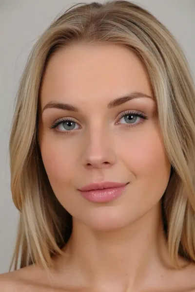 uma mulher loira, 25 anos, traços delicados, olhos verdes, nariz levemente grosso, bochechas arredondadas, rosto oval, traços nordicos.
