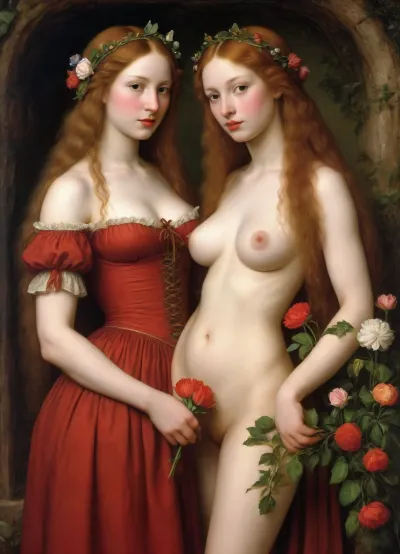 2woman, naked, break, painting, first woman, 127 years old, enormous breasts, blond hair, holding a rose, second woman, 18 years old, petite, very dark brown hair, ery small breadts, grown of flowers around her head, (style of Albrecht Durer:1.7), John, Constable, J.C., Leyendecker, Style, page, <lora:John Constable Style:.8>, <lora:J.C. Leyendecker Style:.8>