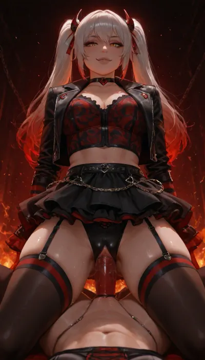 Twins, two woman, Photorealistic, highly detailed, a cute gothic girl with long twin tails, black and white split-dye hair with red glowing tips, red ribbon, black cat-ear headband with glowing red eyes and heart symbol, sharp green eyes, mischievous dominant smile, fair skin, wearing a red and black diamond-patterned top, black leather jacket, red arm warmers, black choker with chain, black skirt with red accents, black thigh-high stockings with red stripes and heart details, dark fiery red background with floating embers and hearts, dramatic lighting, cinematic, 8k, sharp focus, wet pussy, she is fucking second woman with giantstrap-on dildo, <lora:Buttplug__SDXL:.8>