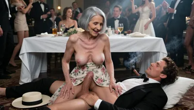 90 years old granny, most wrinkled body, most wrinkled pussy, most wrinkled face, (Mature woman, 90 years old. She has the skin of a 90-year-old woman. Her gray hair is cut in a bob. Her face changes with each shot., (Small, long, sagging breasts, (Highly detailed skin), detailed skin texture, aged and wrinkled body, sagging skin, small soft belly, and shaved pubic area. Gray hair cut in a bob., fat mother of the bride, (kneels under a table:1.6), (sitting astride a man lying down, fucking the cock of the young slim man:1.8), fully formally dressed man with big cock, both under the table, she wears an elegant floral dress outfit, her small sagging breasts hanging out and drooping down, her wedding hat lies on the floor, orgasmic smile, sweaty, brunette disheveled hair, (virginal sex cowgirl:1.8), ((woman sitting on top of the man:1.9)), (man looks like he is ejaculating:1.4), they hide under the table, a bride in wedding dress and several drunk party guests dancing in the blurred background, ballroom, shot from above, haze of cigar smoke in the air, filled with dust and smoke, cinematic moody lighting, tense but charismatic atmosphere, crowd, of, people, cloudy, smoke, atmospheric, clouds, fog))