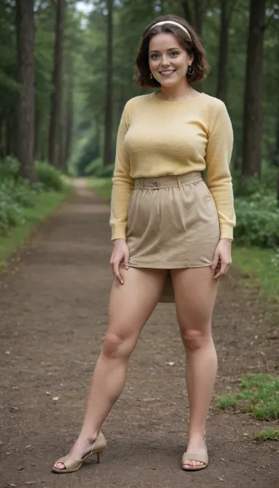 3897113, Mom, full body side view, fit cute, plump, 40yo, Canadian, brunette, smiling, happy, exhausted, very attractive, look at the viewer, yellow wool jumper, beige heels, bob haircut, hairband, brown high waist skirt, ((standing, legs apart, skirt pulled up, waiting for intense vaginal penetration)), (natural hairy private part:1.5)