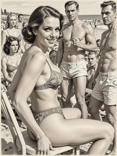This is is a detailed monochromatic pencil drawing in a classical illustrative style depicts a scene set in USSR in 1960s, A crowded beach, summer, bright sunshine, women in swimsuits, men in shorts, men have a thick bulge in shorts, all people staring at beautiful Russian brown elegant hair married mother, smiling, a seductive face, beautiful brown eyes, wide hips, ((mother wearing in swimsuit, sitting on a chair, a vulgar smile, Very good quality, The overall mood is intense, rendered in fine, expressive line work and subtle shading, evoking the style of 1950s satirical or moralistic illustrations.))