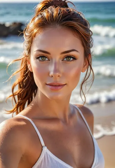 (smooth rendering and vibrant colors:.1), outdoor, artistic, high-angle, selfie, striking belle 40-year-old female with reddish-brown hair tied in a high ponytail, almond-shaped hazelnut eyes, smooth wet skin, sunny beach background, ocean waves, sandy shore, sun reflecting off the water, sunlight, warm golden sunlight, natural radiant glow on skin, attractive, confident, vibrant natural colors, warm tones, casual, relaxed, beautiful, cuted, natural beauty, /KlTTY-ART/, <lora:COMFYUI_mimic_landscape_-_XL_SDXL v2.0:.1>, <lora:attractive_notrigger:.1>