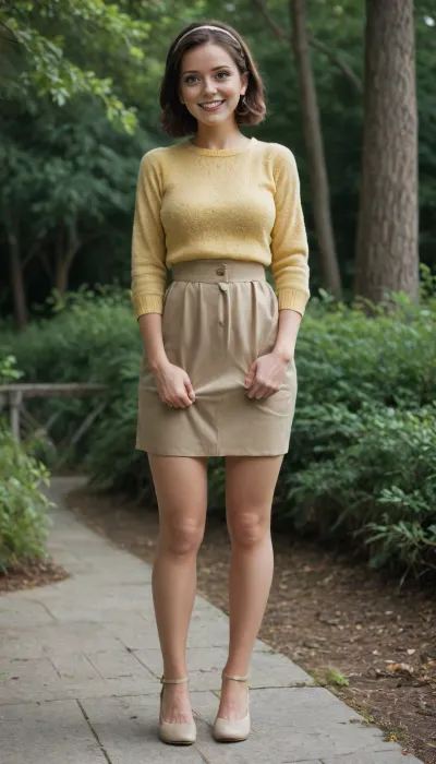 3897113, Mom, full body side view, cute, 40yo, Canadian, brunette, smiling, happy, exhausted, very attractive, look at the viewer, yellow wool jumper, beige heels, bob haircut, hairband, brown high waist skirt, ((standing, legs apart, skirt pulled up, waiting for intense vaginal penetration)), (natural hairy private part:1.5)