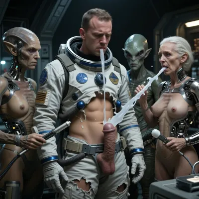 (4K UHD ultra-detailed), high detailed, 8k, (photorealistic:1.7), (masterpiece, best quality, highres, photorealistic, ultra-detailed, cinematic lighting, sharp focus), 1/2 length view, high quality, best quality, realistic, photorealistic
Show a male astronaut. His uniform is torn. He has a big erect penis
Three old female aliens stand around the man. They look extraterrestrial, some have visible mechanical parts. They are holding medical instruments and intend to examine the astronaut's penis.
Then white transparent cum shoots out of the penis from bottom to top into the women's faces. The man is sad, the women are shocked.