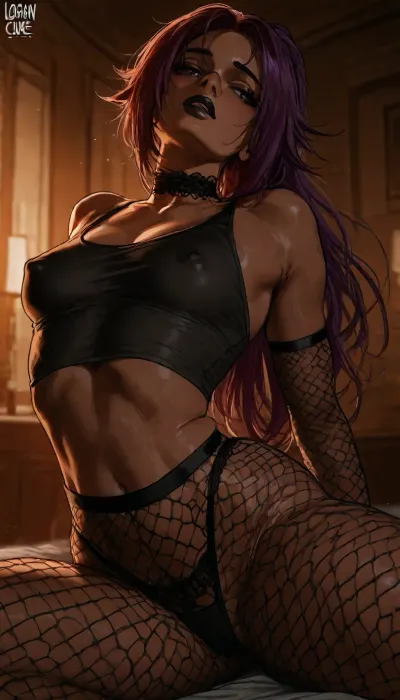 Score_9, score_8_up, score_7_up, (logan cure art style:1.5), (umikochannart art style:1.2), ((small breasts)), ((yoruichi shihounin)), sitting, (dynamic pose:1.2), fishnet leggings, fishnet sleeves, black tank top, lace choker, high waist panties, (ambient light), warm light, dynamic lighting, dark room, candlelight, big lips, black lipstick, (swollen nipples), (big lips:1.1), midriff, detailed abdominal muscles, (covered nipples:1.2), (slight under boob:.35), raised nipples, (huge tits:1.3), (thick thighs), soft nipples, breasts bursting out, (leaning back:1.3), arched back, high contrast, (dramatic lighting:1), score_9, <lora:mk_Bp Anime_xl:.8>, <lora:EnvyAnimeDigitalPaintingXL01:1.9>