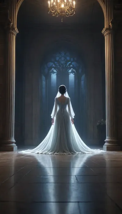 (in style of Makoto Shinkai anime), female ghost in magical castle, semi-transparent vague glow-in-the-dark figure, floating over the floor, (late night, darkness, low-light)