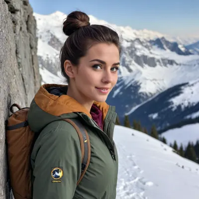 haute resolution, tres detaillé, jolie brune, 23 ans, alpiniste, chignon dans les cheveux, maquillage, yeux parfaits, pantalon serré, chaussures de randonnée, debout, sourrire, a la montagne, neige, pleine lune