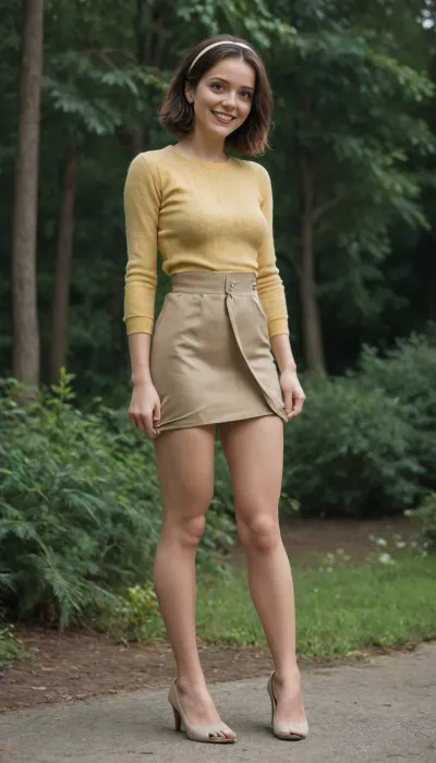3897113, Mom, full body side view, fit cute, busty, 40yo, Canadian, brunette, smiling, happy, exhausted, very attractive, look at the viewer, flat breasts, yellow wool jumper, beige heels, bob haircut, hairband, brown high waist skirt, ((standing, legs apart, skirt pulled up, waiting for intense vaginal penetration)), (natural hairy private part:1.5)