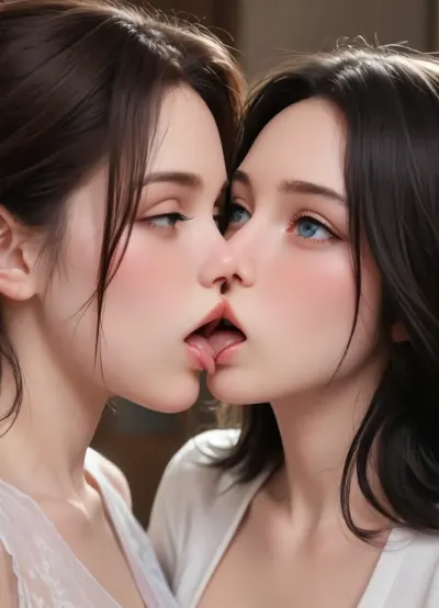 "Imagine a face that not only catches the light, but also commands it. The skin still resembles shining porcelain, but now it is accentuated by an iridescent highlighter on the cheekbones and bridge of the nose, giving the face a heavenly glow, as if kissed by dew. The eyebrows are clearly defined, which gives the facial expression confidence and charm. But the real drama begins with the eyes, bold, shimmering gold or electric blue eye shadows blend over the eyelids, forming spectacular smoky shadows that give the look a hypnotic and piercing hue. The eyelashes are thick, voluminous and inky black, framing the eyes like a dark, seductive curtain."
"And lips... they are no longer just soft coral. They are painted in a bright, glossy crimson color — so bright that it feels like a challenge. It's an impossible-to-miss face, a masterpiece of bold colors and precise lines that transforms beauty into something exhilarating."
"Her black hair is cut into a sharp, asymmetrical bob that touches her jawline on one side and falls slightly on the other, creating a dynamic sense of movement even when she stands still. The texture is polished to a glassy sheen, making the hair look like liquid silk. The roots remain smooth and fit snugly to the scalp, and the tips are trimmed with such precision that they look almost like a blade. To give the hairstyle a modern look, a hidden neckline at the back of the head gives it a clean, fresh look, and a deep fringe with a side parting falls over the forehead, partially covering one eye and giving the image a mysterious charm.", each, other's, tongues, kissing, other, on, the, lips, cunnilingus, 2girls, girl, licking, pussy, <lora:kissing_v2:.8>, <lora:Cunnilingus XL:.8>