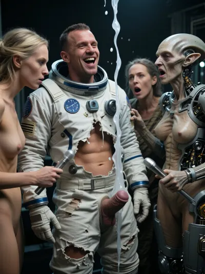 (4K UHD ultra-detailed), high detailed, 8k, (photorealistic:1.7), (masterpiece, best quality, highres, photorealistic, ultra-detailed, cinematic lighting, sharp focus), 1/2 length view, high quality, best quality, realistic, photorealistic
Show a male astronaut. His uniform is torn. He has a small erect penis
Three old female aliens stand around the man. They look extraterrestrial, some have visible mechanical parts. They are holding medical instruments and intend to examine the astronaut's penis.
Then white transparent cum shoots out of the penis from bottom to top into the women's faces. The man laughs, the women are shocked.