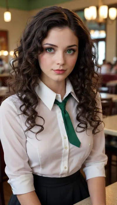 19 year old doll faced girl. Very pale. Medium length curly-frizzy black hair. Green eyes. Very petite frame, hourglass figure. AA cup breasts. Very small breasts. Flat chest. Flat stomach. Small lips. Medium hips. Small smile. Form fitting white collared shirt untucked, the shirt extends below her waistline. Short black skirt. Service industry. Her face is very cute in a Nightmare Before Christmas character esque way. Extremely skinny. Her hair is frizzy and past her shoulders. Teased curls, very large hair. She’s in the distance at a restaurant.