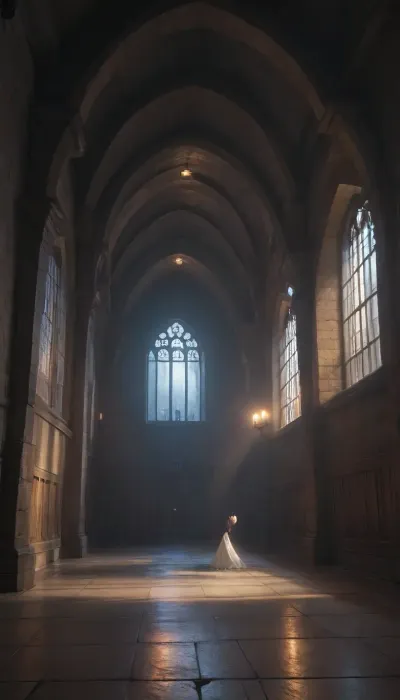 (in style of Makoto Shinkai anime), female ghost in corridors of magical castle, semi-transparent vague glow-in-the-dark figure, floating over the floor, dark vaulted dungeon without windows, (late night, darkness, low-light:1.5)