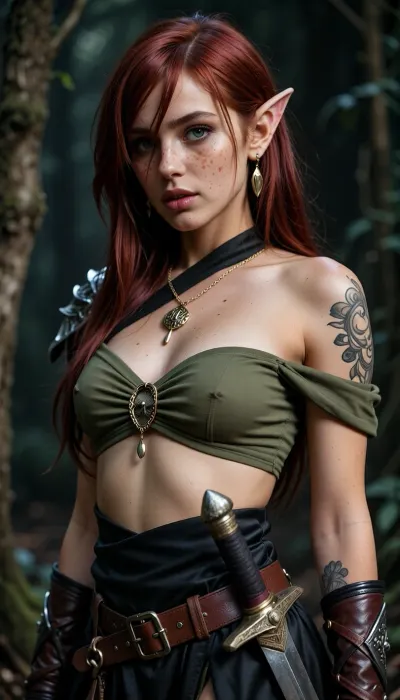 Masterpiece, 1girl, solo, 20 year old redhead girl standing in a forest, (seductive pose), (model pose), Wood elf, very long dark redhead straight hair with side-swept bangs covering one eye, big green eyes, detailed eyes, tan skin, wearing a olive green bandeau top, one shoulder pad, gold chain with pendant, gold earrings, black silk loncloth attached to a leather belt, sword at her belt, leather medieval bracers, shoulder tattooed, supermodel, face, big, lips, freckels, medieval dark fantasy atmosphere, cinematic lighting, best quality, high contrast