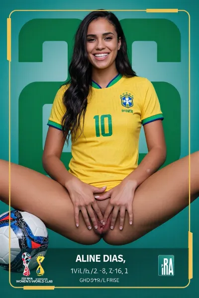 This is a digital photograph of Ana Laíse, a smiling Brazilian soccer player with long, dark hair. It is a full-body shot showing her without panties and exposing her pussy, she is wearing the yellow Brazilian national team jersey, featuring green accents and a crown logo. She is holding a soccer ball while spreading her vagina open with her fingers in a V-shape, revealing the reddish mucosa. The background is a teal-green color, featuring the number "26" in large green digits. The 2026 FIFA Women's World Cup logo is also present. The text below reads "ALINE DIAS, " accompanied by her statistics and team, "BRA".