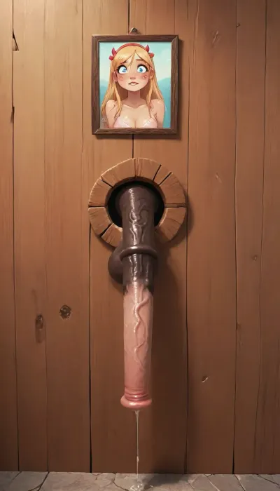 (Jack cayless art style), Star Butterfly, (old milf:1.2), 3 Adult 30 years old futanari with medium penis and balls, equine black dick, stuck in wall, <lora:Dramatic_penis_SDXL:.8>