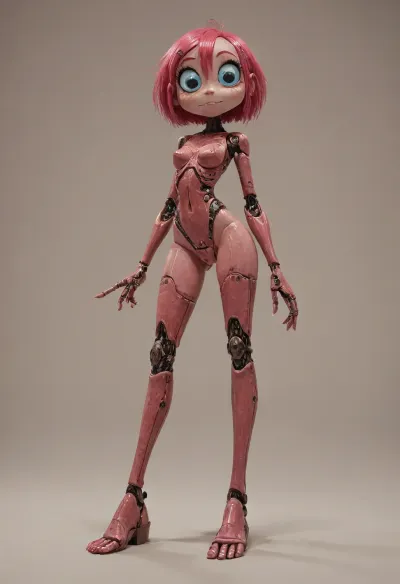 robot, not human, pink plastic skin, with a big dark penis, curved up, legs wide open, seen from below, full body image, (Jack cayless art style), robot is tinny, 1feet tall.