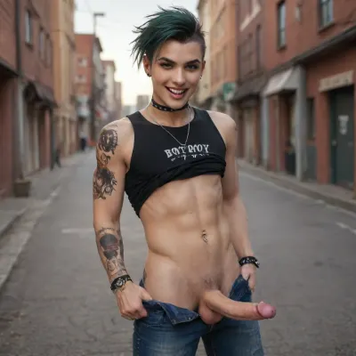 A punk young man with a punk/goth/alternative/e-boy clothing style, including tattoos and piercings, is pulling down his unbuttoned jeans to expose his penis in public. He is smirking and laughing playfully. He is wearing a black sleeveless tee and jeans with full sleeve arm tattoos, a punk hairstyle, and facial piercings, penis, laughing, smirking, teasing, flirting, tongue out, sticking tongue out, sticking out his tongue, e-boy, punk, boyfriend, twink, <lora:xpenis-1.5e:.8>, tattoo, <lora:TattooSDXL3:.8>, <lora:Adonis_belt:.8>, Holo-Punk, Style, <lora:HoloPunkXL:.8>, tongue, piercing, <lora:tonguePiercing:.8>