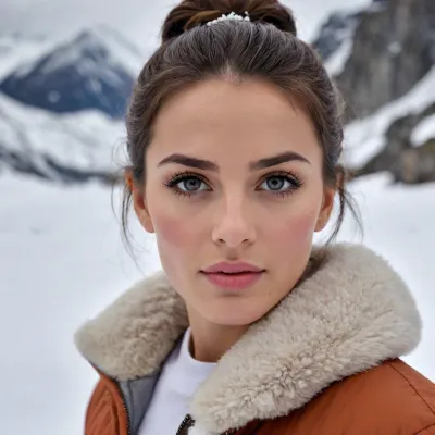 haute resolution, tres detaillé, jolie brune, 23 ans, alpiniste, chignon dans les cheveux, maquillage, yeux parfaits, a la montagne, neige