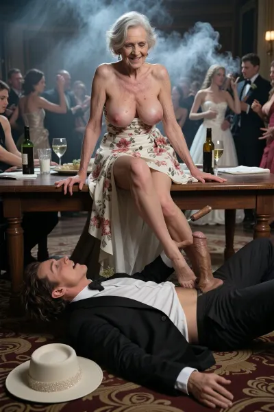 90 years old granny, most wrinkled body, most wrinkled pussy, most wrinkled face
A 90 year-old GILF, fit mother of the bride, (rides cock under a table:1.6), (sitting on top of a man lying down, riding the cock of the young slim man:1.8), fully formally dressed man with big cock, both under the table, she wears an elegant floral dress outfit, her, (massive sagging breasts:2), hanging out and drooping down, cowgirl sex, her wedding hat lies on the floor, orgasmic smile, sweaty, brunette disheveled hair, (virginal sex cowgirl:1.8), ((woman sitting on top of the man:1.9)), (man looks like he is ejaculating:1.4), they hide under the table, a bride in wedding dress and several drunk party guests dancing in the blurred background, ballroom, shot from above, haze of cigar smoke in the air, filled with dust and smoke, cinematic moody lighting, tense but charismatic atmosphere, crowd, of, people, cloudy, smoke, atmospheric, clouds, fog