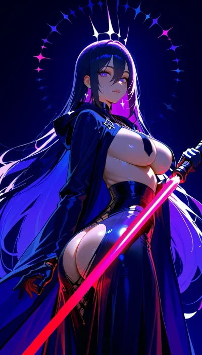 (Sith Master:1.8), (red lightsaber:1.8), (torn clothes:1.8), (bare chest:1.8), (torn black Sith robe:1.8), (large chest:1.8), very beautiful breasts, beautiful big breasts, gymnast physique, slender athletic legs, very long legs, Gorgeous goddess, sexy athlete, sculpted body, amazing tits, massive breasts, fitness model, Super realistic ass, Big toned buttocks, athletic buttocks, muscular buttocks, buttock muscles are clearly visible, beautiful athletic ass, very detailed face, very detailed eyes, very detailed hair, correct anatomical body, correct anatomical legs, correct anatomical hands, correct anatomy, (very detailed lips), (very detailed hair), very detailed nose, fine details, skin pores, identical pupils, very detailed iris, long eyelashes, realistic lips, symmetrical face, healthy hair, bright curls, very long hair, beautiful lively eyes, clear eyes, penetrating gaze, A transcendent, epic mystical scene, haze, luminous water, (multicolored light), With multicolored light patterns covering her entire body, a light show with futuristic drawings all over her body. body with fluorescent paint, glowing from ultraviolet, bright colors and exquisite details, ultra-high resolution, (UHD C), hyperrealism and wide dynamic range, (DRF), rays of light, surreal futurism, beautiful view, perfect lighting, (LED backlight), cinematic composition, thanks to bright colors and exquisite lighting it turns out to work out the details realistically, the light sources convey the atmosphere, intrigue and beauty of what is happening, an epic mysterious scene, colorful light, super-detail, high resolution, (transparent silhouette:1.28), (backlight:1.12), (best shadow), 8K, UHD, (best lighting), best quality, bright and surreal, exquisite details, ultra-high definition, (UHD), (HDR), realistic lighting, creates an atmosphere of intrigue, phosphorescent, (dynamic light), iridescent and fluorescent gamma, breathtaking beauty, super detail, the smallest details