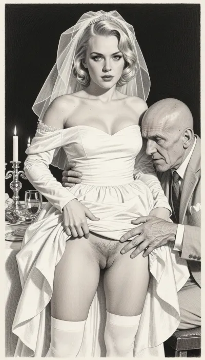 This is a detailed monochrome pencil drawing in a classic illustrative style depicting a scene from the life of the USSR in the 1950s, a striking flat-chested blonde in a white wedding dress, ((an ugly bald old man roughly feels her labia with his fingers)), an ugly bald old man mocks her while sitting at a festive table during a wedding banquet. She lifts the hem of her wedding dress with her hands, revealing her hairy crotch and white stockings. The overall mood of the drawing is tense, conveyed by subtle expressive lines and barely noticeable shading in the style of satirical or moralizing illustrations from the 1950s.