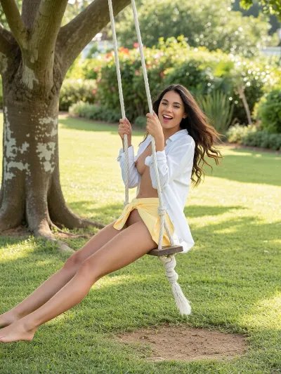 A vibrant, high-angle full-body shot of a young fit Latina woman with long, wavy brown hair, laughing joyfully as she swings on a wooden rope swing in the direction of a viewer. She has a slender fit build, dark tan oily skin with tan lines a joyful and radiant smile. She is wearing a loose, unbuttoned light blouse, and a short yellow skirt with no underwear. The woman is facing towards the viewer with her head tilted back and hair flowing in the wind. She is holding onto the thick white ropes of the swing, her straight, slightly spread legs extended forward. The setting is a lush, sunny park with a large tree trunk on the left, casting soft shadows on a bright green grass lawn. The background consists of blurred trees and dense garden shrubbery and flowers, creating a shallow depth of field. The lighting is warm and natural, suggesting a bright day, highlighting the subject's cheerful expression. The atmosphere is carefree, youthful, and full of energy.