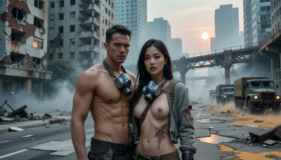 A wide cinematic shot of a post-apocalyptic metropolis some time after the disaster, a military convoy that has arrived from the surviving regions is searching for survivors. In the foreground are a man and a woman—a Korean woman with strikingly expressive eyes, a large, healing wound is visible on her barely covered body. The man embraces her, supporting her back, gas masks hang around their necks.
In the background, abandoned, damaged houses with shattered windows, rusting skeletons of collapsed bridges, and cracked asphalt covered with debris, rubble, and toxic yellow dust. An eerie, pale radioactive fog creeps through the deserted streets, along the street—a convoy of military trucks, battered, with broken windows, but still functional, a pale, sickly sun, barely visible through the thick smog. Photorealistic, ultra-detailed textures, weathered concrete, peeling metal, atmospheric lighting