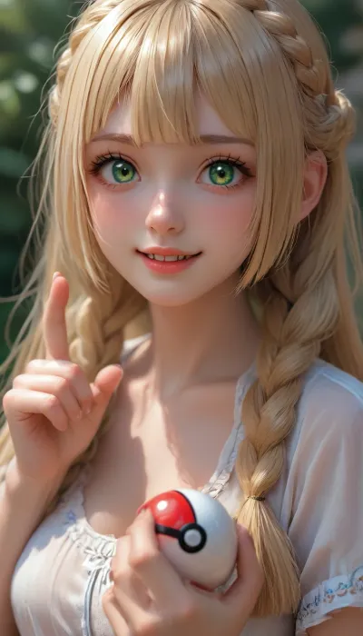 Lillie from Pokemon, (pale skin), long straight hair, platinum blond hair, braided twintails, bangs, side locks framing her face, green eyes, large round eyes, looking at viewer, holding a large pokeball in one hand, (crazy smile), cute, small nose, athletic body, ((large puffy breasts)), wearing a white summer dress, (((three-quarter body view:1.7))), view from side, (((focus on face))), <lora:Midjourney Image Enhancer XL v1:.6>, <lora:SDXLHighDetail_v6-000005:.4>, <lora:detailed_notrigger:.6>, <lora:attractive_notrigger:.6>
