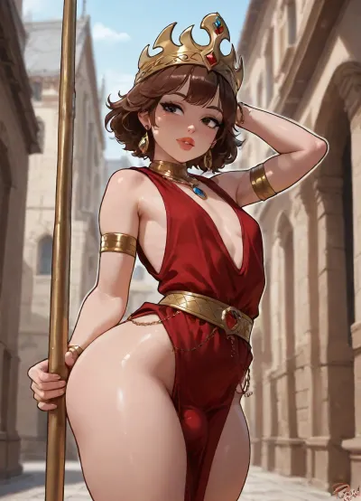 (((Style, vector art, 2d cel shaded, thick outline, jack cayless, personalami))), (1 roman Femboy), femboy, tiny flat chest, (beatiful face), cute, very beatiful, ((very short brown hair)), (brown eyes), big lips, thick lips, (roman red clothes), feminine crown, rich jewelry, chubby body, tiny waist, huge ass, fat thighs, (bulge cock), stand up, in a roman city, <lora:outline_xl_kohaku_delta_spv5x:1.9>